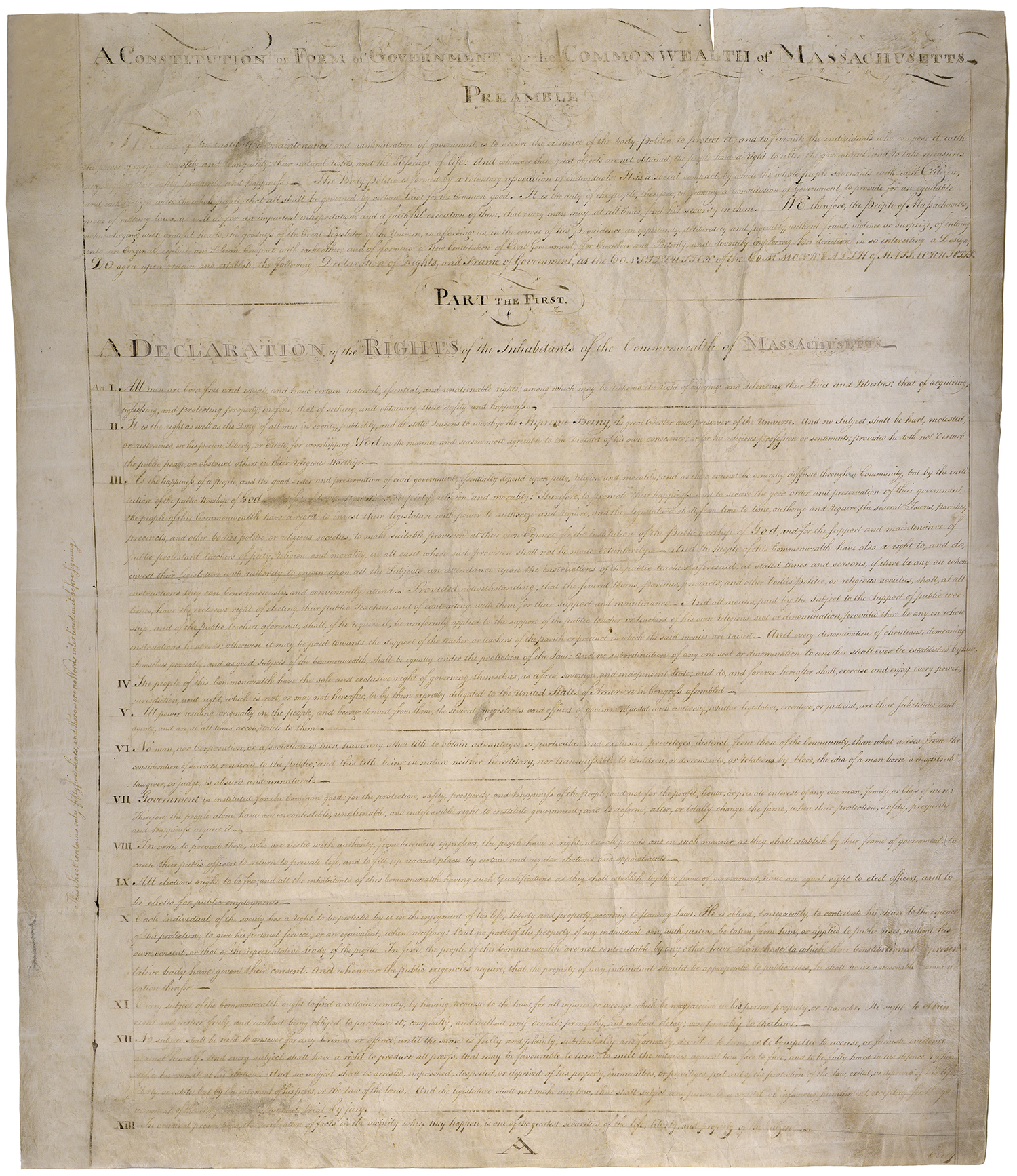 Photo of the 1780 Massachusetts Constitution