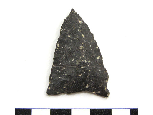  Chipped stone tool. Notched, eared point. Spectacle Island, MA.