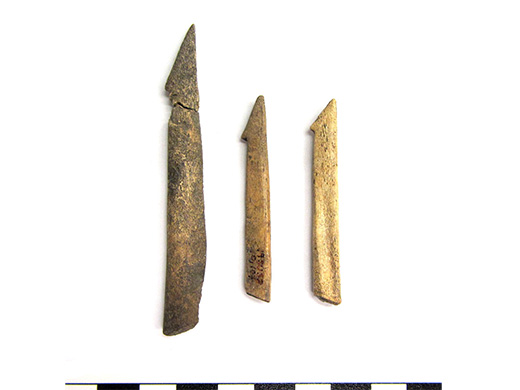  Barbed harpoon or projectile points. Bone (deer), Ground and polished. Spectacle Island, MA.