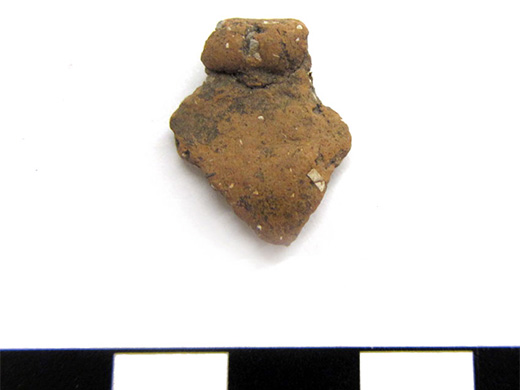  Pottery rim fragment. Shell-tempered earthenware. Spectacle Island, MA.
