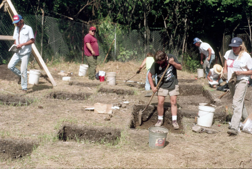 Archaeologists excavate the shell midden on Spectacle Island.