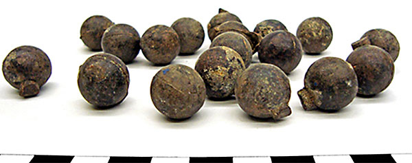 Lead musket balls, British or American, recovered from the privy at the Three Cranes Tavern in Charlestown. The Three Cranes Tavern opened in 1635 and operated for more than 140 years. Archaeologists can only speculate as to the circumstances surrounding the deposition of these musket balls into the tavern’s privy. The musket balls may well have belonged to American Patriots meeting at the tavern to plan their next course of action in the American Revolution. Given the extent of the fighting in the area they may be associated with the battle of Bunker Hill or the retreat of the colonial forces upon the arrival of the British.