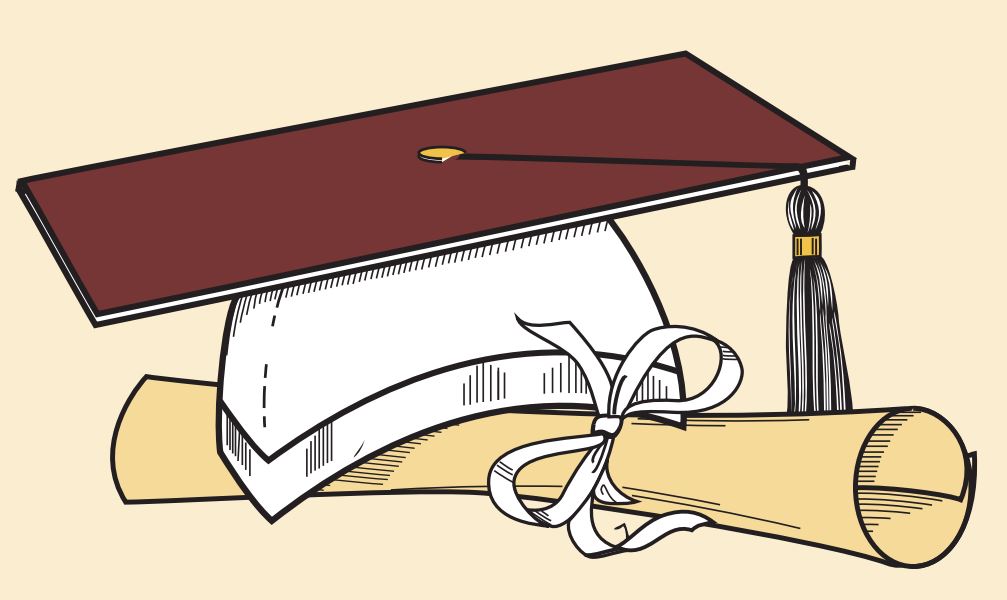A graduation cap and diploma graphic