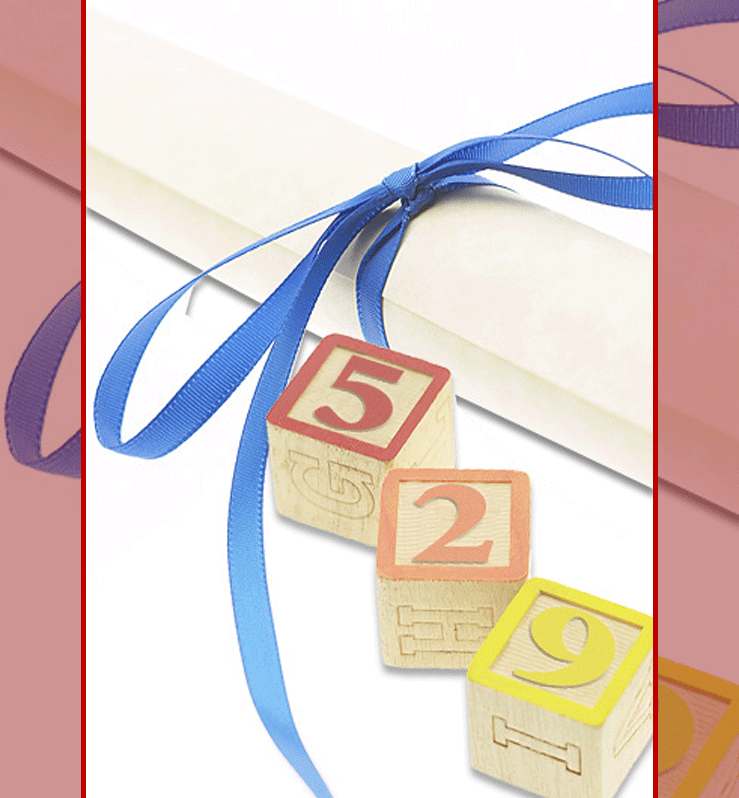 529 College Savings Plans Graphic - shows Toy Blocks with numbers 529 displayed. A diploma sits in a box behind it. 