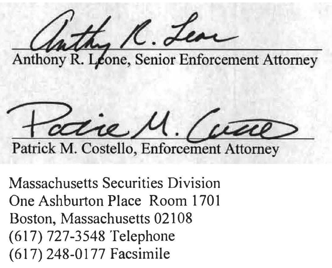 The Signature of Anthony R. Leone, Senior Enforcement Attorney and Patrick M. Costello, Enforcement Attorney