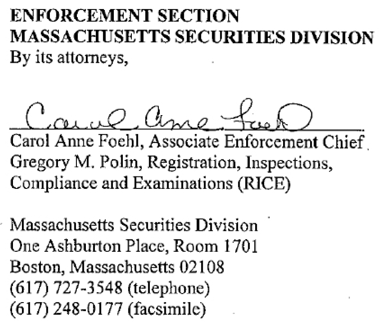 The Signature of Carol Anne Foehl, Associate Enforcement Chief. The Signature of Carol Anne Foehl, Associate Enforcement Chief and
Gregory M. Polin, Registration, Inspections,
Compliance and Examinations (RICE).
Gregory M. Polin, Registration, Inspections,
Compliance and Examinations (RICE)
